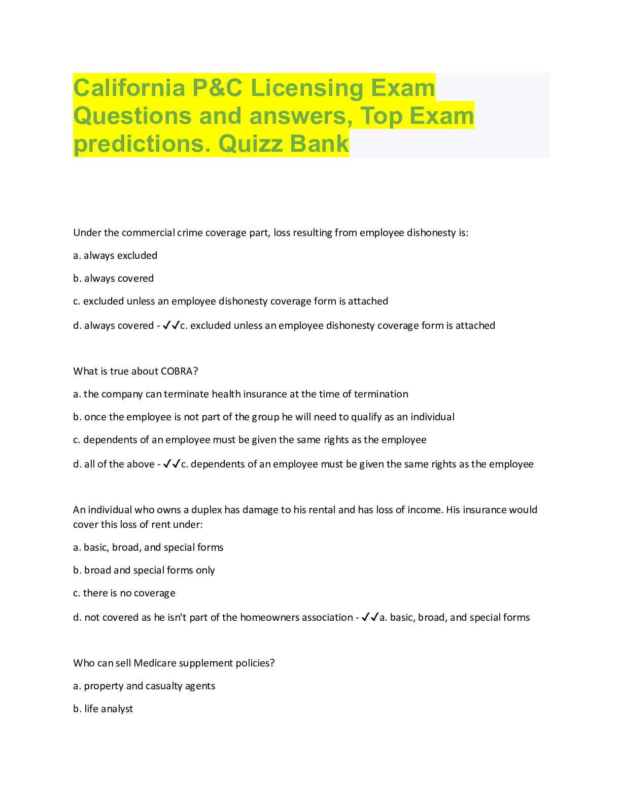 Preview image for California P&C Licensing Exam. Questions Bank. All questions with accurate answers. 100% verified. Latest Updates. Rated A